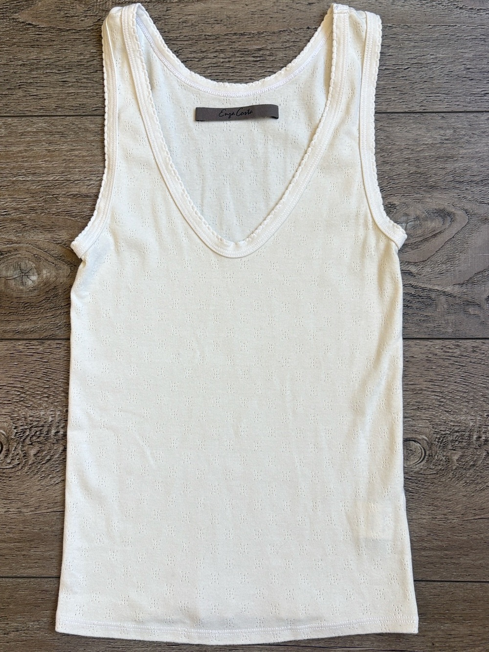 Enza Costa Cream Scallop Edge Pointelle V-neck Tank Top in Cloud Revolve FWRD